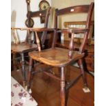 Two Oxford bar back farmhouse armchairs with elm panel seats and stretchered supports