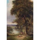 A 19th century oil on canvas, landscape with deer, 13 1/2" x 11 1/4", in gilt frame