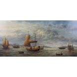 An oil on board, Chinese harbour scene with sailing boats, 11 1/4" x 23", in wooden strip frame