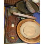 Two turned birch bowls, an ash plate, an elm bowl, an Indonesian carved temple gateway and other