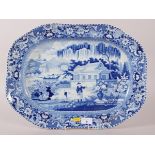 An early 19th century Davenport "Chinese Garden" pattern meat dish, 19" wide