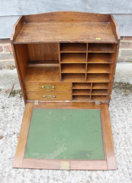 A late 19th century oak fall front writing cabinet with baize-lined slope, drawers and pigeon holes, - Image 2 of 3