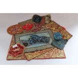 A Mandarin's hat panel, 9 1/4" high x 14" wide, a pair of Chinese embroidered panels and other