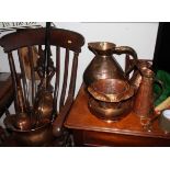 Two copper flagons, a copper jug, a warming pan and other copper