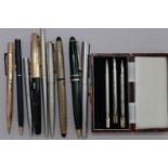 A Sheaffer fountain pen, a Parker fountain pen, three bridge pencils, in case, and other pens