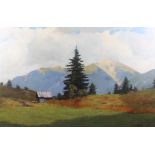 Heinz Trapp: oil on canvas, alpine scene, 19 1/4" x 30 1/2", in silvered painted frame