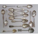 A set of six Georgian Irish fiddle pattern silver teaspoons, 3.6oz troy approx, six other silver