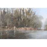 Roy Perry: acrylics on paper, Thames view, "Backwater, Sonning", 9 3/4" x 14 1/2", in gilt frame