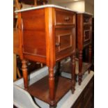 Two Belgian figured mahogany white marble top bedside cupboards, fitted one drawer over one door