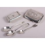 A silver cigarette case, three silver teaspoons and a white snuffbox, 4oz troy approx weighable