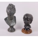 K Carter: a bronzed bust of a young child, signed, marked 11:20, on oak stand, 8 3/4" high, and an