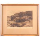 Herbert Dicksee: a pair of etchings, "Marauders" and lion drinking, in strip frames