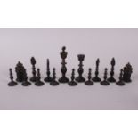 A 19th century Indian turned ivory and horn chess set, king 4 1/2" high, together with parquetry
