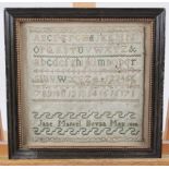 An alphabetical and numerical sampler, by Jane Mansel Bevan, May 1898, 6" square, in ebonised frame