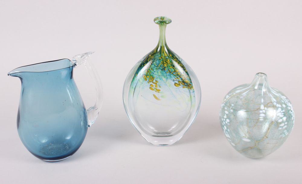 A Siddy Langley bulbous glass vase, dated 1989, 6" high, a Peter Layton oviform glass vase with