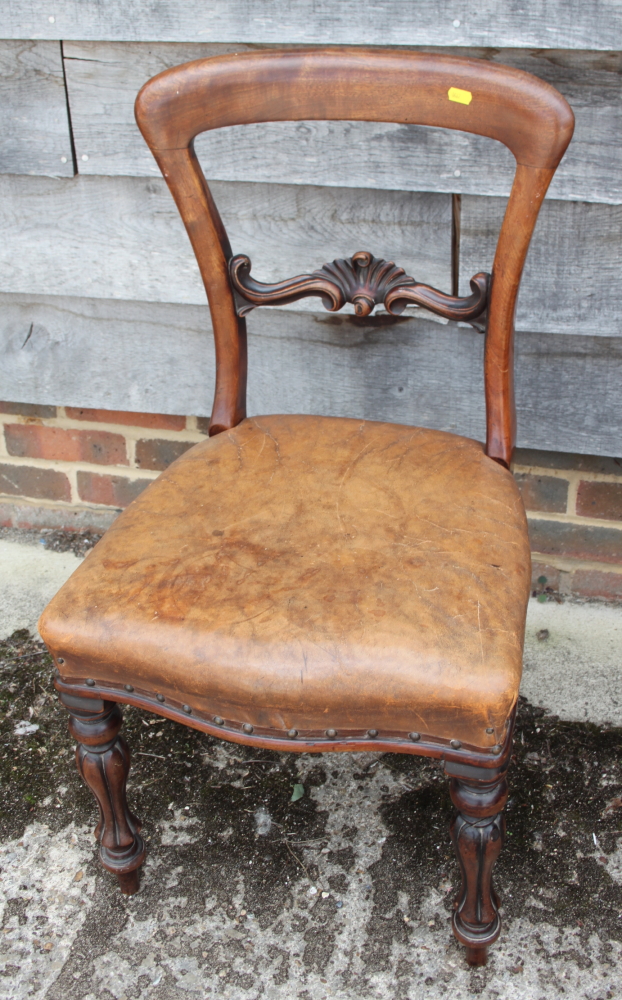 A Victorian mahogany loop back side chair with leather stuffed over seat, on turned supports, and - Image 2 of 2