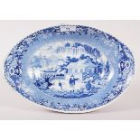 An early 19th century Davenport "Chinese Garden" pattern oval dish, 13" max dia