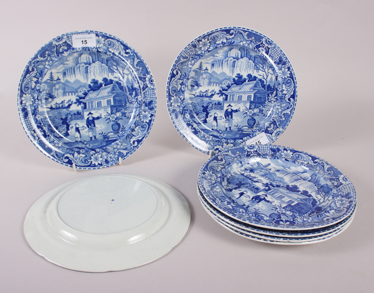 A set of seven early 19th century Davenport "Chinese Garden" pattern dessert plates, 9" dia