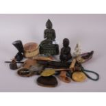 A bronzed Buddha, 8" high, two Oriental balances, a soap stone Indian deity and a collection of