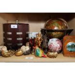 A painted wooden globe, on stand, 9" high, a quantity of treen and a Chinese hand-painted carpet