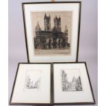 An etching of Lincoln Cathedral, in Hogarth frame, and two similar etchings