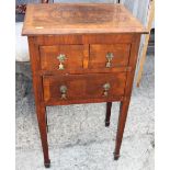 A walnut bedside table, fitted slide, two small and one long drawer, on square taper supports, 18"