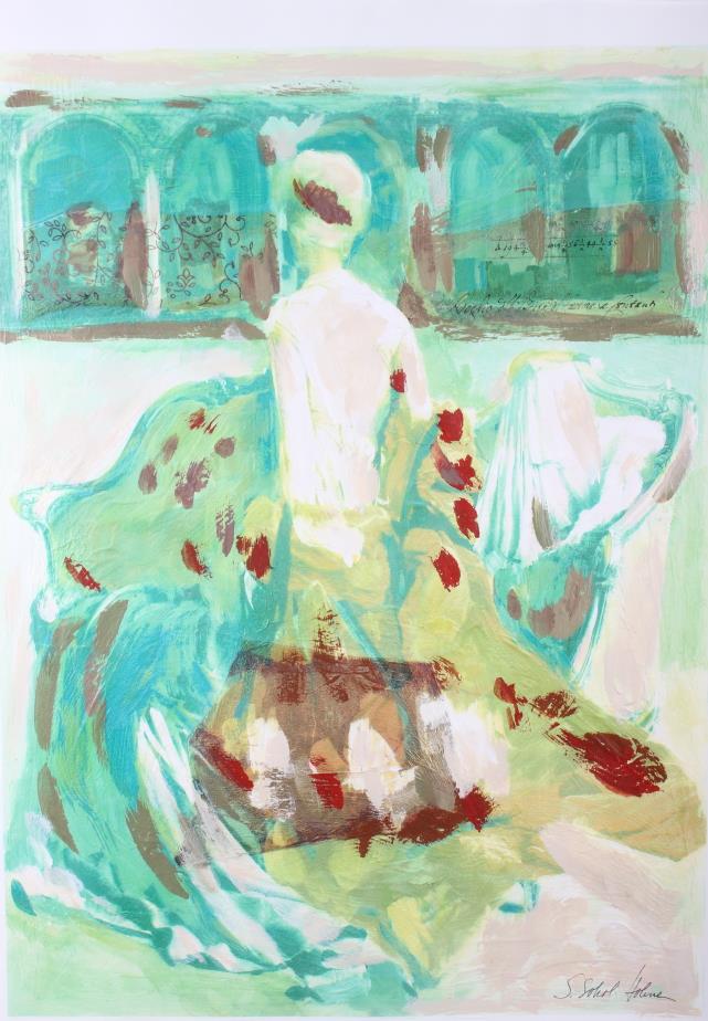 S Holme: mixed media, figure in a garden, 23" x 17 1/2", in wooden strip frame