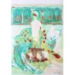 S Holme: mixed media, figure in a garden, 23" x 17 1/2", in wooden strip frame