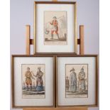 Three 18th century French colour prints, Chinese figures, in gilt frames
