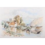 F B Barlow, 1887: watercolours, view of Goring church, 3 1/2" x 12 1/4", in gilt frame