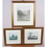 Kevin Hughes: three watercolours, woodland and meadow scenes, largest 6 3/4" x 6", in gilt strip