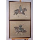 A pair of Chinese watercolours, figures on horseback, 11 3/4" high x 14 1/2" wide, in strip frame