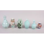 A pale glazed crackle glazed vase, 6 1/2" high, two other pale glazed vases, a Canton vase, 5" high,