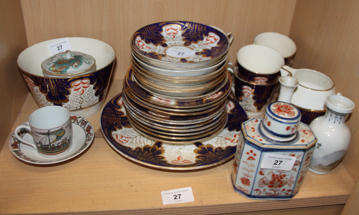 An Imari decorated part teaset, an Imari tea caddy and other decorative china