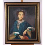 An oil on canvas, "Mandarin's Wife", indistinctly signed, 17 1/2" x 14", in black and gilt strip