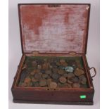 A selection of 19th century and later British and world copper coinage, in an oak collectors box,