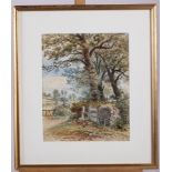 O Gummer: watercolours, study of stile, "On the Road to Studland near Swanage", 10 1/2" x 8 1/2", in