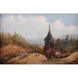 J B Pyne: oil on board, Continental scene with church and road, 5" x 8", in gilt frame