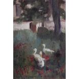 Alfred East A: oil on panel, "Ye Three Little Geese", John A Cooling gallery label verso, 6 3/4" x 4