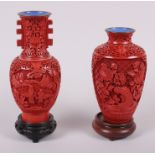 A cinnabar lacquer baluster vase, 6 1/2" high, on hardwood stand, and another similar