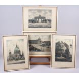 Four Continental colour prints of buildings, indistinctly signed, in white and gilt frames