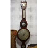 A mahogany cased banjo barometer and thermometer, 38" long (damages to finial)