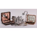 A silver plated bottle stand, a silver plated three-piece teaset, cased and loose flatware, etc