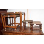 Two cane seat stools, a chip carved stool and one other stool