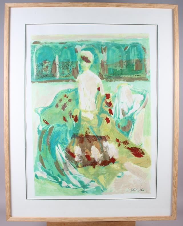 S Holme: mixed media, figure in a garden, 23" x 17 1/2", in wooden strip frame - Image 2 of 4