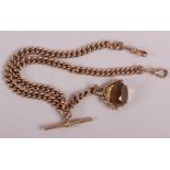 A 9ct gold double Albert fob chain with citrine spinner, 72.5g gross