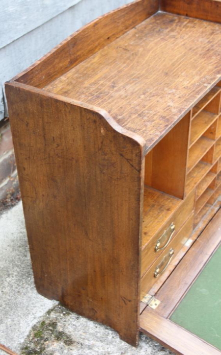 A late 19th century oak fall front writing cabinet with baize-lined slope, drawers and pigeon holes, - Image 3 of 3