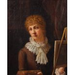 An oil on canvas, female artist self portrait, 11 2/2" x 9 1/2", in gilt frame