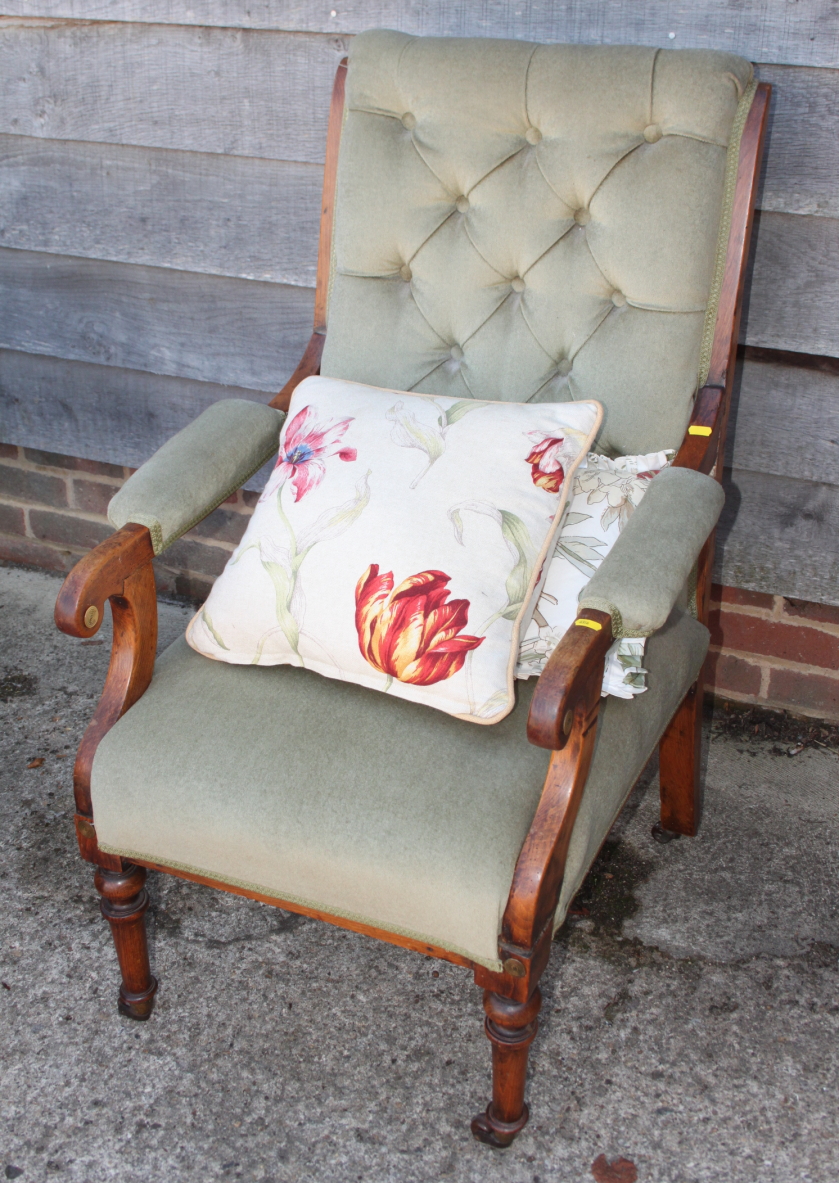 A late 19th century polished as walnut scroll arm chair, upholstered in a sage green fabric, on - Image 2 of 2