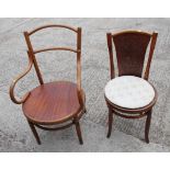 A bentwood armchair, another similar with drop-in seat, and a bedroom chair with needlepoint seat